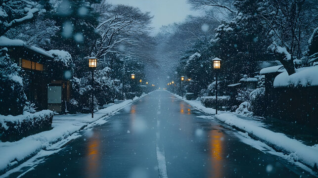 Snowy Street at Night, Winter Illustration