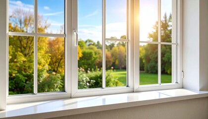 Closeup view of window with empty white sill