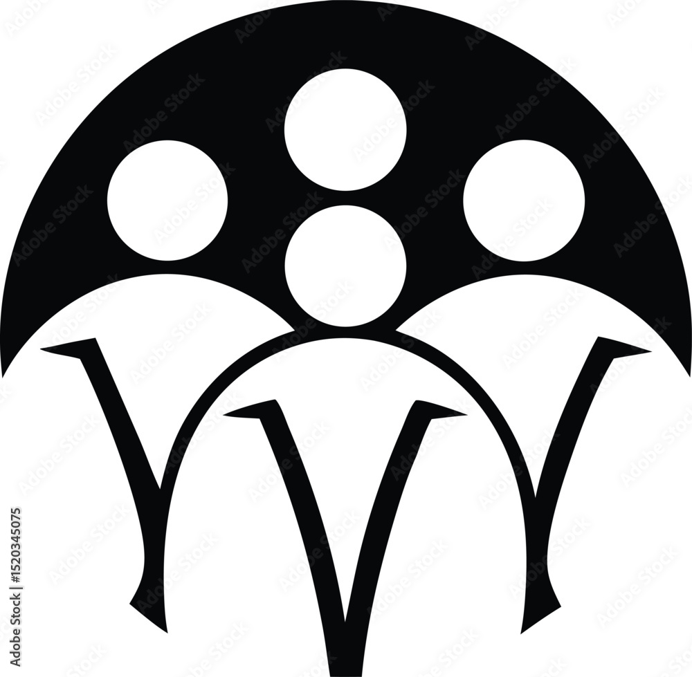 Poster simple flat style icon featuring a group of five people standing together in unity