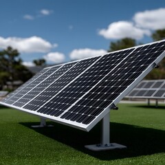 Solar panels on a grassy field against a partly cloudy sky