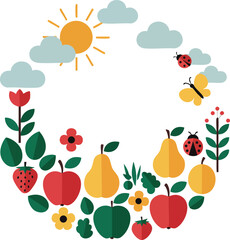 Colorful garden fruits flowers insects with sun and clouds vector illustration 