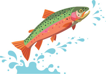 Rainbow trout fish jumping with water splash vector illustration in colorful natural design 