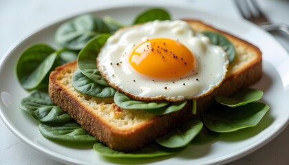 A plate with a piece of bread topped with spinach leaves and a fried egg