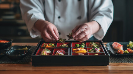 Chef's Japanese Sushi Perfectly Plated with Gourmet Ingredients: A Culinary Art of Traditional and Fusion Cuisine Presentation