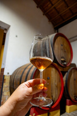 Visit of wine cellar with old large oak barrels, glass of fortified dry or sweet tasty marsala wine from barrels in Marsala, Sicily, Italy