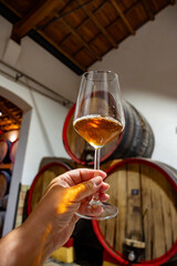 Visit of wine cellar with old large oak barrels, glass of fortified dry or sweet tasty marsala wine from barrels in Marsala, Sicily, Italy