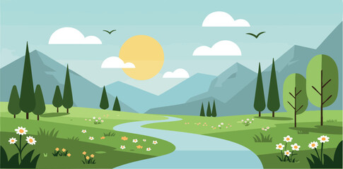 River flowing through green mountain valley with trees and flowers under sunny sky vector illustration 