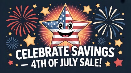 a 4th of July sale. Use a dark navy background with bright red, white, and blue elements. Include a smiling character (like a star) filled with the American flag pattern, created with generative ai