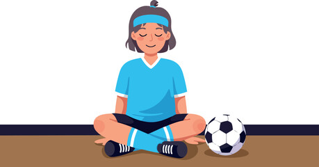 Obraz premium Child Meditating in Sportswear with Soccer Ball on Floor Vector Illustration 