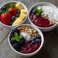 Three bowls of colorful healthy breakfast parfaits