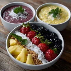 Three bowls of healthy food.  Colorful smoothie bowls and a vibrant fruit and granola bowl