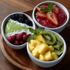 Three colorful fruit bowls with healthy ingredients