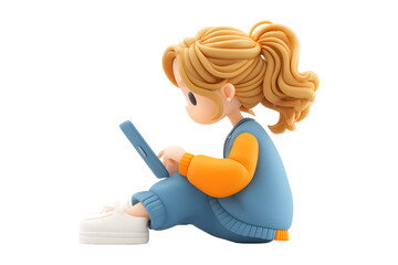 Cartoon girl sitting and using tablet on transparent background, isolated design