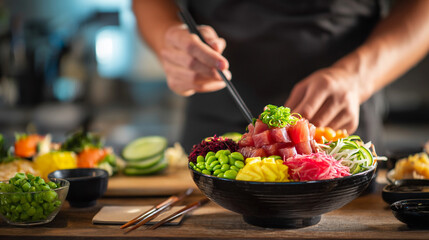 Naklejka premium Artisan Sushi Preparation: Chef's Hands Plating Fresh Tuna and Vegetables in a Fusion Cuisine Experience