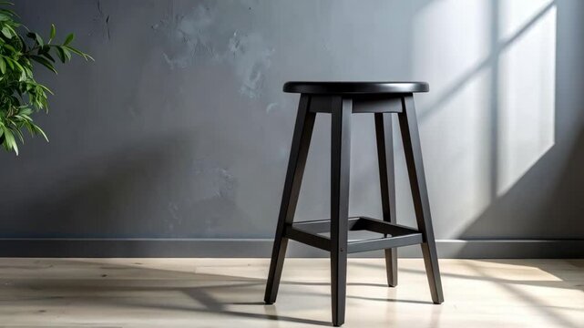 Contemporary black wooden stool stands against a textured gray wall in a room with indoor plant and parquet flooring.