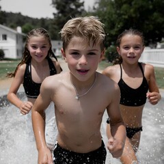 Three kids running through water, smiling