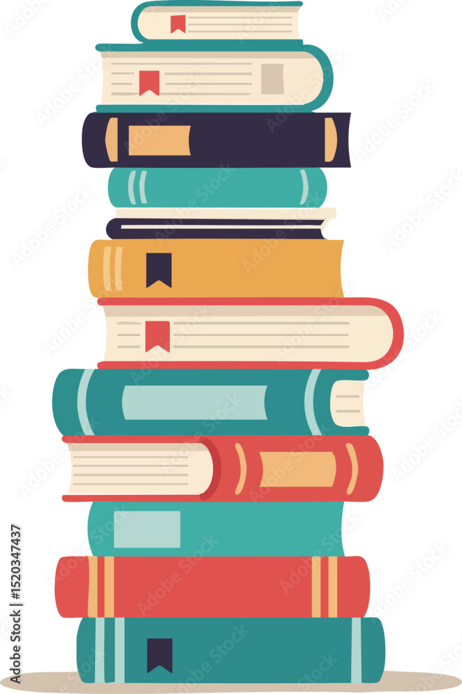 Poster stack of colorful books illustration with bookmarks in flat style vector design