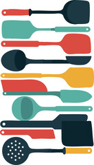 Kitchen utensils set with spatulas ladles and spoons in red yellow teal and black colors vector illustration 