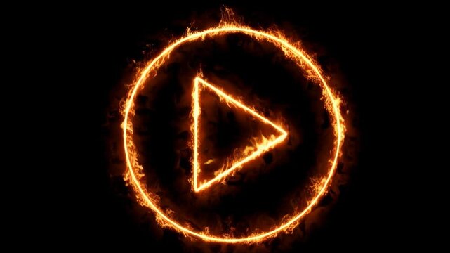 Fiery Play Button: Energetic triangle within ring of flames on dark background, symbolizing dynamism, forward motion, and fiery digital energy.