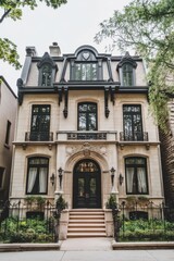 Obraz premium Elegant mansion with intricate architecture located in a serene neighborhood, showcasing detailed stonework and lush greenery surrounding the entrance