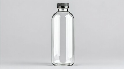 Empty clear plastic bottle against a light gray background.