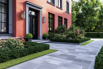 Fototapeta premium Beautiful modern house exterior with manicured landscape and elegant walkway in a sunny neighborhood during the afternoon