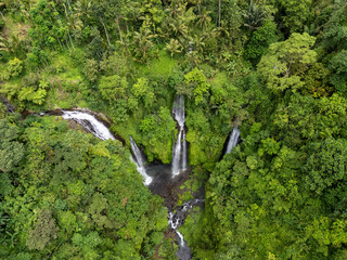 Fiji waterfall, located in Lemukih village, Singaraja, Bali, has three waterfalls seen from above...