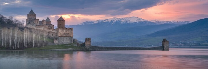 Serene Medieval Castle on Lakeside with Majestic Mountains and Stunning Sunset Reflection Panorama