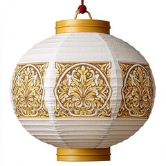 White Paper Lantern with Gold Floral Pattern Hanging Against White Background