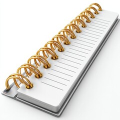 White Paper Notebook with Gold Metallic Wire Binding Over White Background