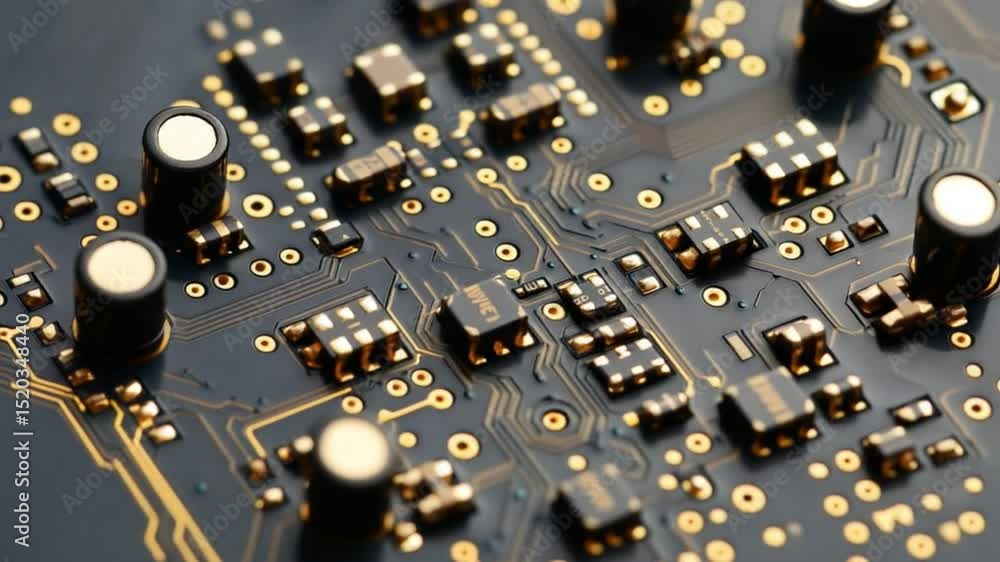 Poster detailed close-up of a sophisticated electronic circuit board, demonstrating tech complexity