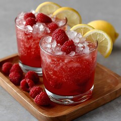 Two chilled raspberry lemon drinks on a tray