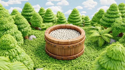White Pebbles in Wooden Barrel, Lush Green Forest Setting