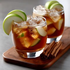 Two cocktails garnished with apple slices and cinnamon sticks