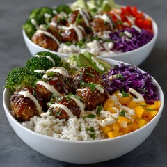 Two colorful bowls of rice topped with meatballs, various vegetables, and a sauce