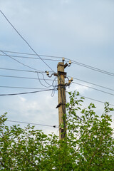 A utility pole stands tall amidst lush green foliage, supporting several power lines. The overcast...