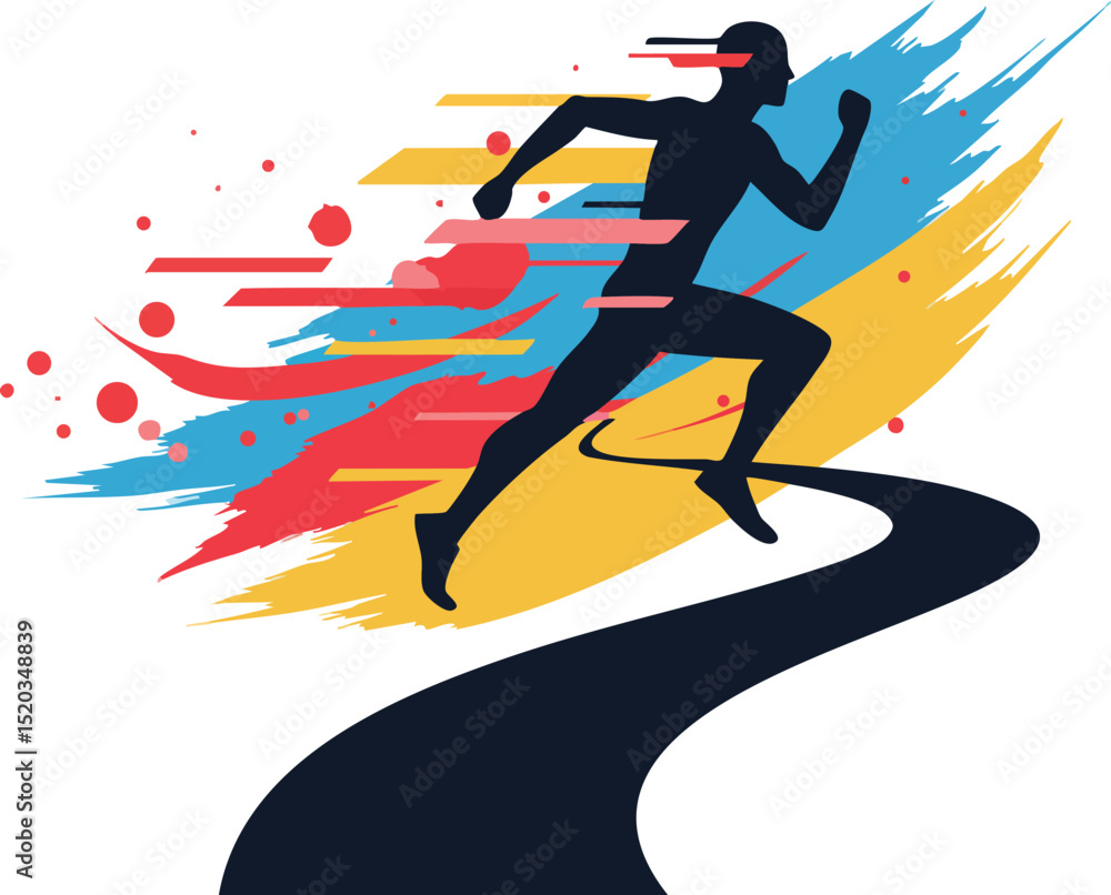 Poster runner silhouette with colorful paint stroke background and dynamic motion effect vector