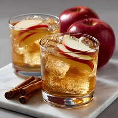 Two glasses of iced apple drink, garnished with apple slices and cinnamon sticks, next to two whole apples