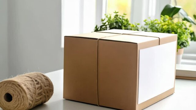 Cardboard box with blank label on a white table in bright room, next to twine and pen, plants and books