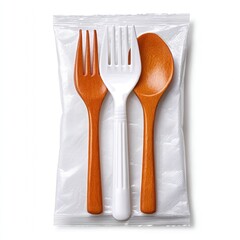 White Plastic Fork and Brown Wooden Spoons in Clear Packaging