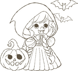 Illustration of Vampire Girl with Pumpkin and Bats