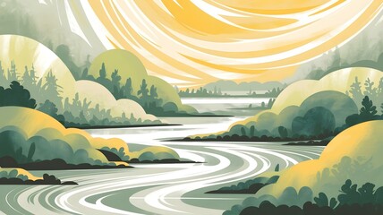 Fototapeta premium Serene Landscape Painting: Winding River Through Green Hills Under a Sunny Sky - Peaceful Nature Scene
