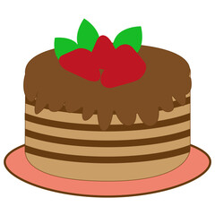 Chocolate cake top. Strawberry leaf detail. Brown sweet dessert. Vector pastry symbol.