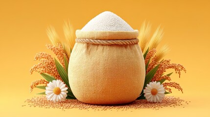 White Rice in Burlap Sack with Wheat and Daisies on Yellow Background