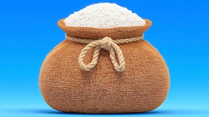 White Rice in Burlap Sack, Low Polygonal Style, Blue Background