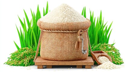 White Rice in Burlap Sack with Green Rice Plants