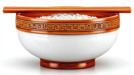 White Rice in Decorative Wooden Bowl with Chopsticks