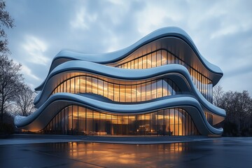 Modern Architecture Design with Glass Facade. A Futuristic and Artistic Urban Landmark in Evening Illumination