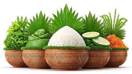 White Rice with Fresh Herbs and Citrus in Carved Wooden Bowls