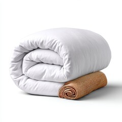 White Rolled Comforter on Brown Patterned Bathmat in Soft Studio Lighting